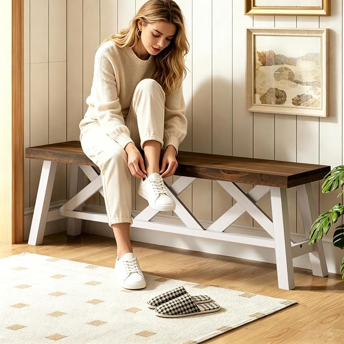 Wnutrees 54" Farmhouse Wood Bench, Rustic Solid Wood Entryway Bench Seat with Double X-Structure for Dining Area Living Room Hallway, Structural Stability, White