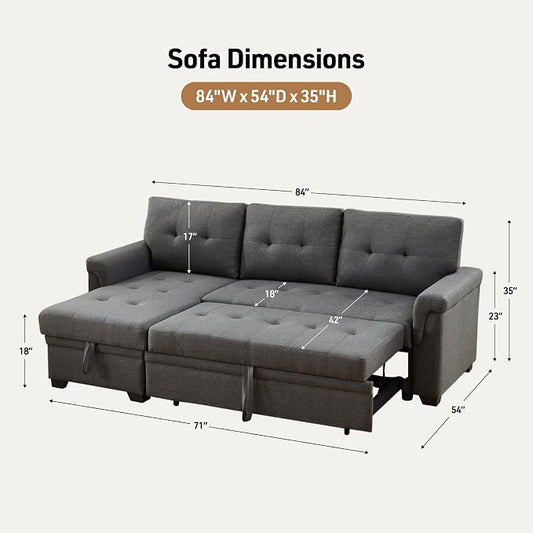 Lilola Home Convertible Sectional Sleeper Sofa Bed 84 Inch, L Shaped Couch with Pull Out Bed, Storage Chaise, Removable Back Cushions for Living Room, Office, Linen Fabric, Dark Gray