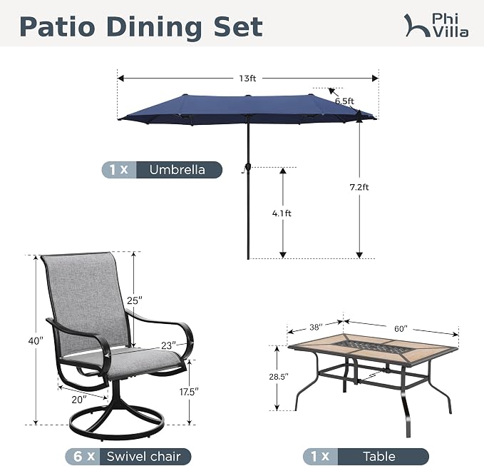 PHI VILLA Outdoor Patio Dining Set with Umbrella for 6 Person, Outdoor Swivel Dining Chairs & 1 Large Wooden-Like Top Table with 13ft Navy Blue Outdoor Umbrella(No Base) for Deck Lawn Garden Backyard
