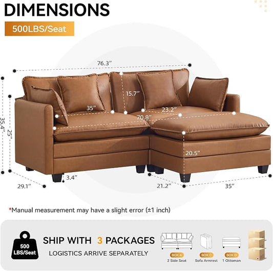 76'' Cloud Deep Seat Loveseat Sofa, Upholstered Leather Modular 2-Seats Sectional Sofa Couch with Movable Ottoman, Modern Comfy Settee Loveseat for Living Room Set, Small Apartment,Leather Light Brown