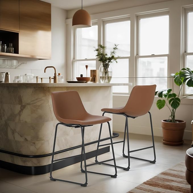 Athena Collection 23'' Counter Height Bar Stools Bar Chairs Set of 2 Modern PU Leather Bucket Chairs with Back Soft Foam Filled Metal Frame Bar Stools with Footrest for Pub, Bistro, Kitchen, Brown