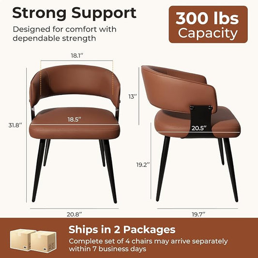 Dining Chairs Set of 4, Modern Upholstered Faux Leather Kitchen Chairs with Curved Back, Easy to Assemble & Clean for Dining Room, Restaurant, Cafe, Brown