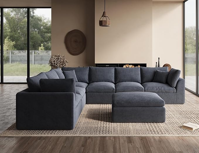 ohllob Oversized Cloud Couches for Living Room, Convertible Sectional Couch with Ottoman, 7 Seater Large Modular Sectional Sofa, Grey