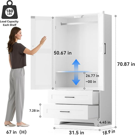 Wooden Armoire Wardrobe Closet, Bedroom Armoires with Door and Drawers, Freestanding Wardrobe Clothing Storage Cabinet with Shelves and Hanging Rod for Bedroom, Laundry Room, Cloak Room(White)