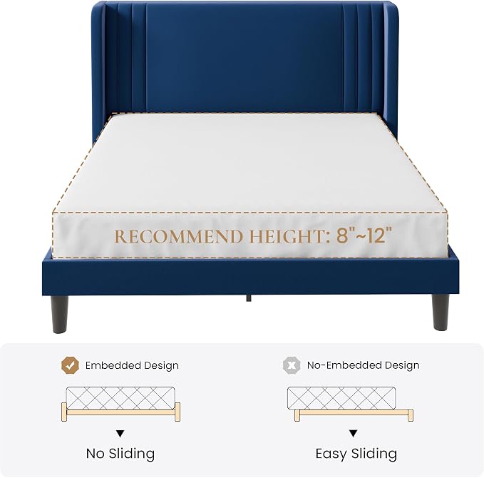 SHA CERLIN Full Size Velvet Upholstered Platform Bed Frame with Vertical Channel Tufted Wingback Headboard, Wooden Slats Support, Easy Assembly, Under Bed Storage, No Box Spring Required, Blue