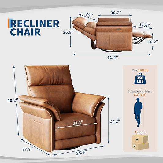 Power Recliner Chair with Side Pockets, 270° PU Leather Swivel & Glider Rocker Armchair with USB Charging Port and Thickened Dual-Layer Armrests, Modern Recliner for Living Room&Nursery (Walnut)