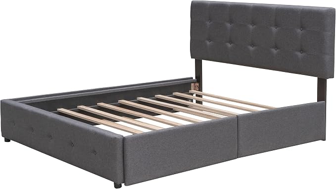 Ball & Cast Queen Bed Frame with 2 Drawers and 1 Twin XL Trundle, Linen Upholstered Platform Bed Frame Queen Size with Button Tufted Headboard & Wood Slats Support,No Box Spring Needed,Dark Gray