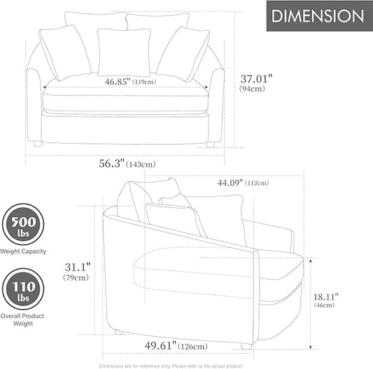 ERYE 56.3" Chenille Upholstered Accent Chair Deep Seat for Living Room Bedroom, Oversized Leisure Cushion Armchair W/ 5 Pillows and Removable Cover for Home Apartment Office