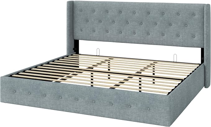 Allewie King Size Lift Up Storage Bed, Button Tufted Headboard with Wingback, Hydraulic Support, No Box Spring Needed, Grey Blue