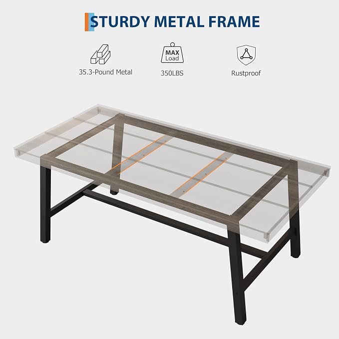 GarveeHome Industrial Dining Table for 6-8 People, 70.87" Long Kitchen Table with Sturdy Metal Frame, Rectangular Counter for Dinner, Kitchen, Dining Room (Grey Walnut, 71" Non-extendable)