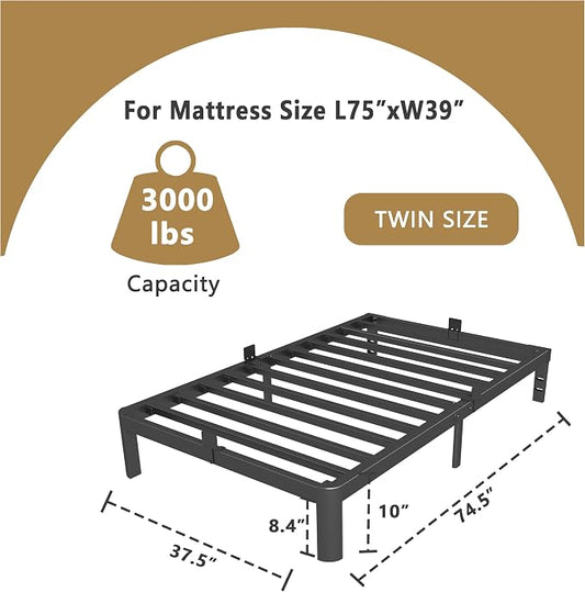 ITIMIDI 10 Inch Twin Size Bed Frames, Platform Bed with Metal Gaskets, Metal Bedframe No Box Spring Needed, DIY Headboard, Anti-Slip Mattress Stopper, Round Corner Leg, Easy Assembly, Black