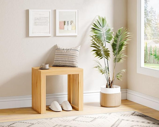 Bamboo Dining Bench, 18'' Slatted Design Entryway Bench, Natural | Modern Solid Bamboo Seating Bench for Indoor & Outdoor Use, Ideal for Kitchen, Hallway, Bedroom