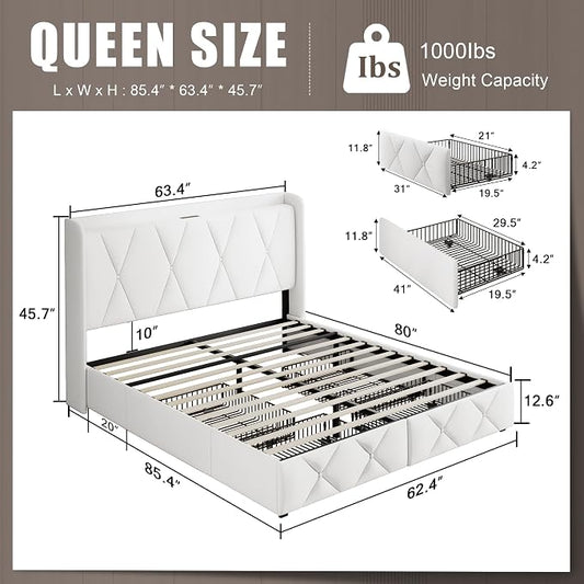 Einhomn Queen Bed Frame with 4 Storage Drawers and Charging Station, Upholstered Platform Bed Frame with Storage Headboard, No Box Spring Needed, Easy Assembly, White