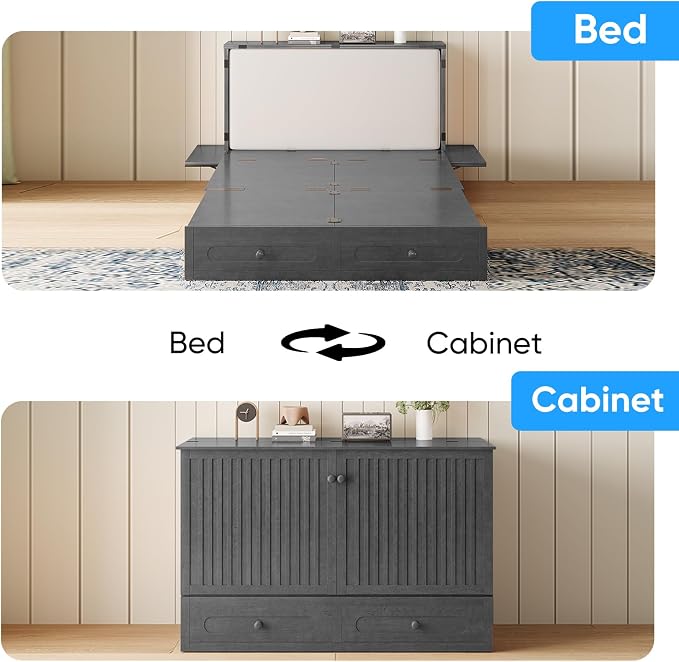 PUREMIND Queen Murphy Bed with Mattress Included, Folding Convertible Bed, Hideaway Cabinet Bed with Storage Drawer & USB Charging Station, Space Saving Wallbed for Small Spaces, Gray