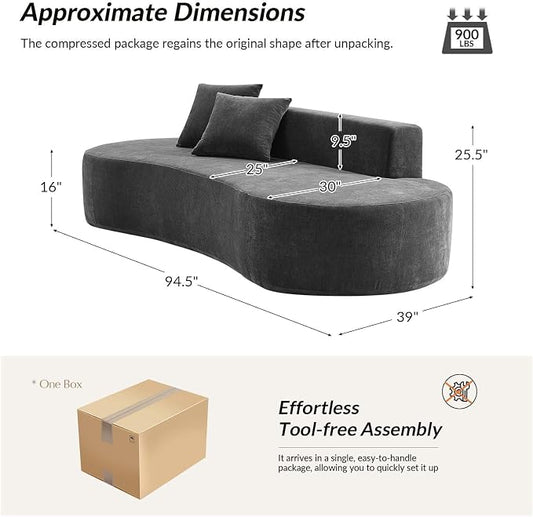 94.5" Modern Curved Sofa, 3-Seater Comfy Foam Couch with 2 Pillows, Frameless & No Assembly Required, Cloud Couch for Living Room, Charcoal