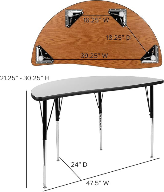 Flash Furniture 47.5" Half Circle Wave Collaborative Grey Thermal Laminate Activity Table - Standard Height Adjustable Legs