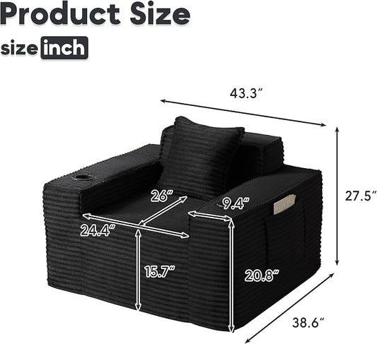 Boneless Sofa Couch with Cup Holders & Side Pockets, Modern Corduroy Fabric Deep Seat Single Cloud Couch for Reading Living Room Office, No Assembly (Black)