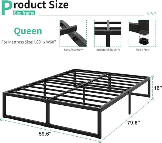 Lutown-Teen 16 Inch Bed Frame Queen Size Heavy Duty Steel Slat Support Metal Platform Queen Bed Frame No Box Spring Needed, Easy Assembly, Black