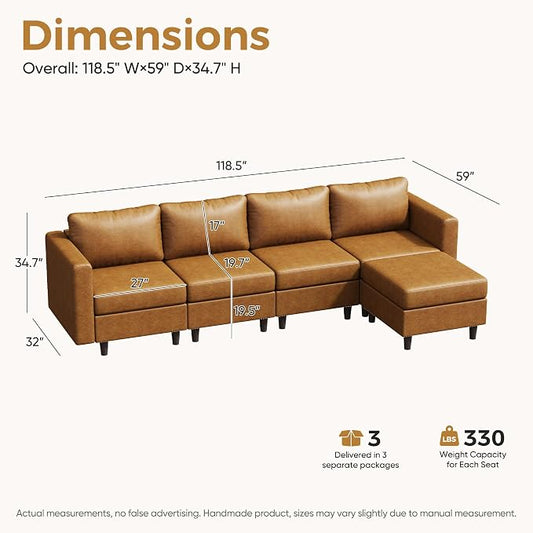 ABCASA 118.5" Faux Leather Modular Sectional Sofa, L Shaped Couch Set for Living Room, 5-Seater Comfy Cloud Couches with Movable Storage Ottoman Brown