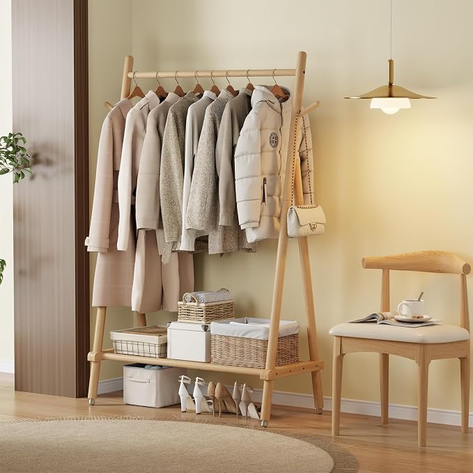 Muwuele Solid Wood Clothing Rack, Rolling Clothes Rack for Hanging Clothes, Garment Rack with Shelves Load 350 Lbs, Portable Closet Organizer on Wheels for Hanging Clothes (Natural)