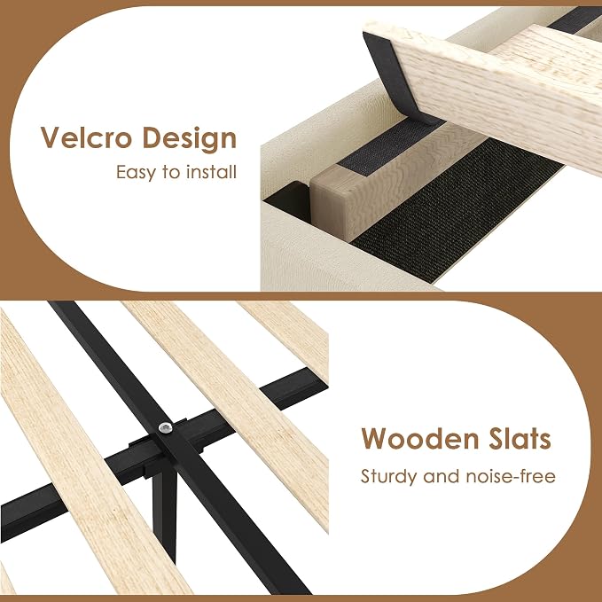 VECELO Queen Size Platform Bed Frame with Height Adjustable Upholstered Headboard, Modern Mattress Foundation,Strong Wood Slat Support, No Box Spring Needed, Easy Assembly,Beige