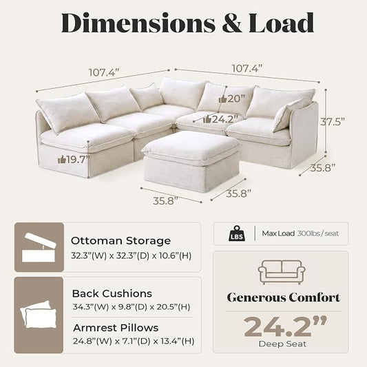 Cloud Modular Corner Sectional, Oversized Deep Seat Comfort, Linen Blend | Fully Removable Washable Covers, Memory Foam Seat Cushions, Storage Ottoman, Premium Fabric