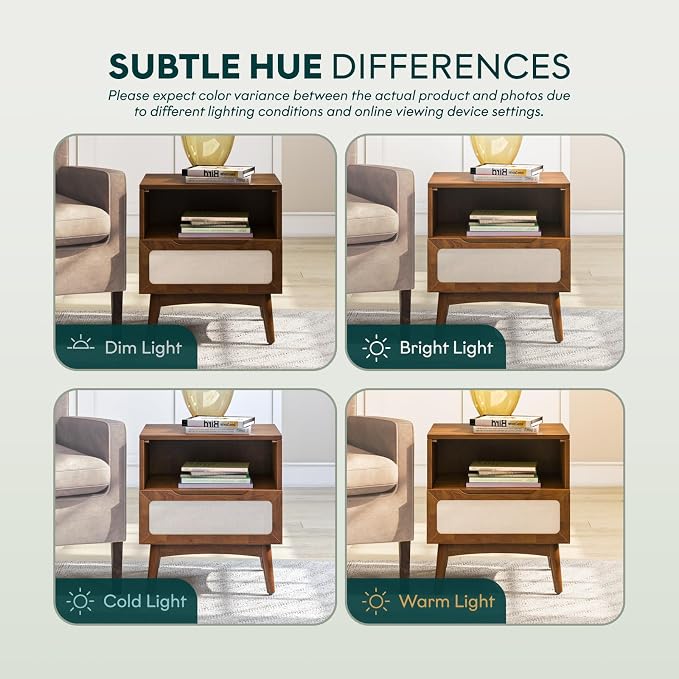Bme Calista Nightstand 1 Drawer – Solid Wood Chestnut Finish Bedside Table with Open Shelf & Fabric Panel Drawer, Mid-Century Modern Style with Tapered Legs, Easy Assembly