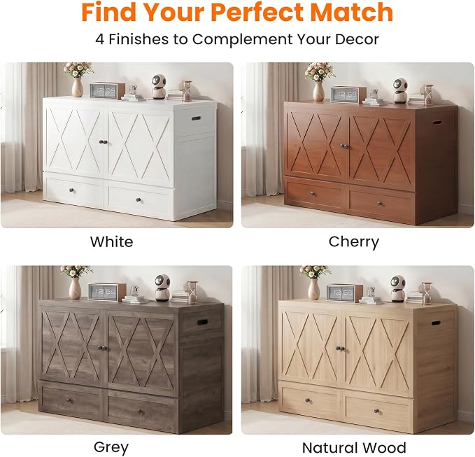 CECER Murphy Bed Queen with Mattress Included for Guest/Small Space-White | Built-in Multi-Port Charging Station & Large Storage Drawer,Space Saving & Easy Assemble and Conversion