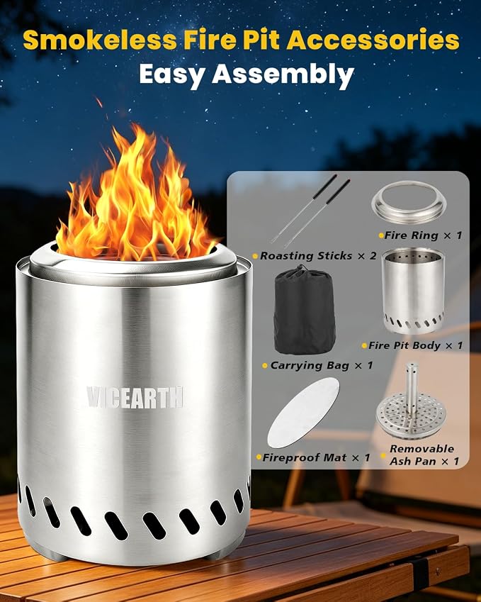 Tabletop Fire Pit 9.7 x 7.1 In, Portable Smokeless Mini Fire Pit for Patio & Camping, Stainless Steel Table Top Firepit for Wood Pellets, with Heat-Resistant Mat, Travel Bag & Roasting Sticks
