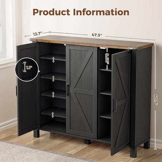 ALLSTAND 5-Tier Shoe Storage Cabinet, Farmhouse Shoe Rack Organizer Cabinet with 4 Adjustable Shelves & Side Cabinets, Freestanding Shoe Cabinet Storage with Anti-tip Fitting for Entryway, Black