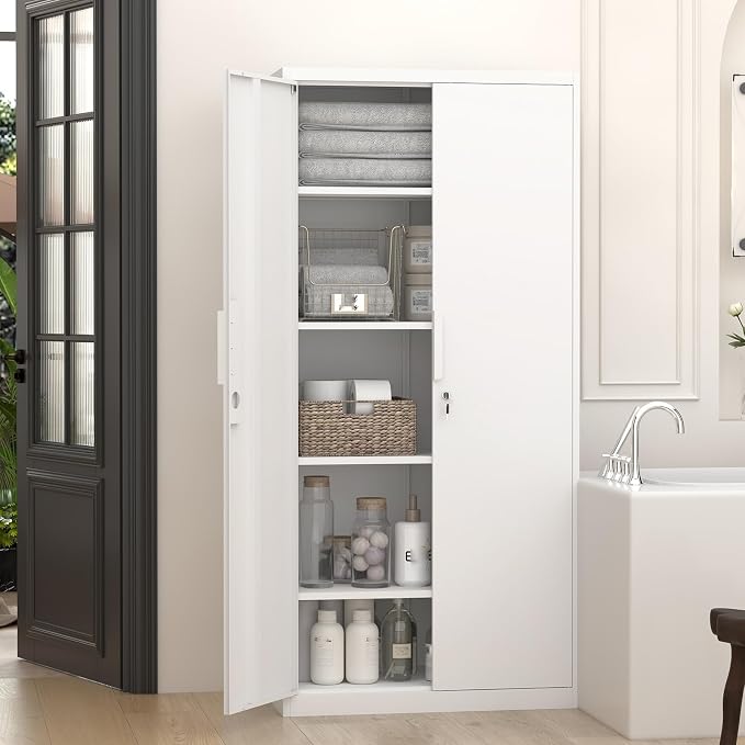GREATMEET Metal Garage Storage Cabinet with 2 Doors and Shelves - 72" x 34" x 18" Steel Lockable File Cabinet, White Locking Tool Cabinets for Office Home Garage Gym School