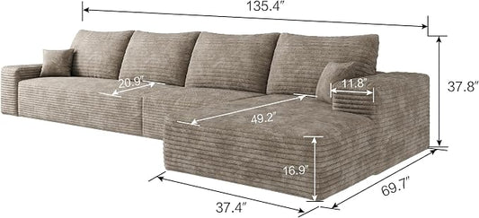 135" Corduroy Couch Sectional with Chaise, L Shape Boneless Cloud Couches for Living Room Bedroom, Fluffy Deep Seat Compression Sofa, Modular Corner Couch No Assembly, Right Facing Chaise, Camel