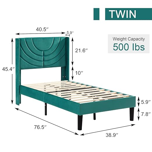 VECELO Upholstered Platform Twin Bed Frame with Fabric Headboard for Kids,Wooden Slats Support/No Box Spring Needed/Mattress Foundation,Dark Green