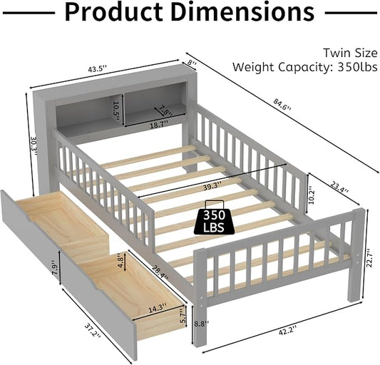 Kids Twin Size Bed Frame with Storage Drawers and Bookcase,Wood Twin Bed Frames for Kids,Twin Bed Frame with Headboard and Footboard for Boys Girls,No Box Spring Needed,Gray