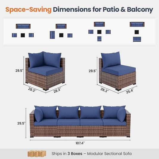 UDPATIO Patio Furniture Set with Fire Pit Table, 5 Piece Outdoor Sectional Sofas, All-Weather Wicker Conversation for Garden, Backyard, Navy Blue