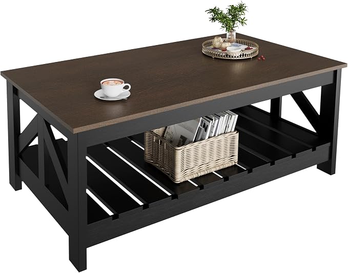 YESHOMY Farmhouse Coffee Table, Coffee Tables for Living Room, Farmhouse Square Coffee Table with Storage, Couch Table, Small Tables for Small Spaces, Brown and Black