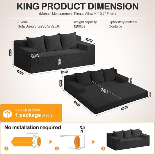 Erament 3 Seater Boneless Couch Sofa Bed, 78'' Corduroy Oversized Loveseat Folding Sofas Bed, Compression Convertible Futon Floor Couch Sofa Beds with 3 Pillows for Living Room Bedroom Apartment