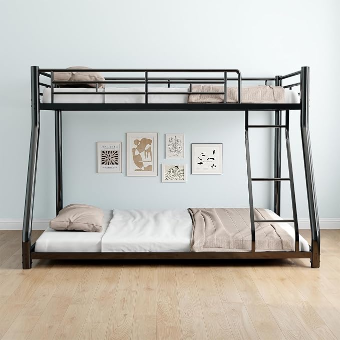 Metal Bunk Bed Twin Over Full Size with Removable Stairs, Heavy Duty Sturdy Frame with Full Length Safety Guardrail for Teen & Adults, Teens, No Box Spring Needed (Black)