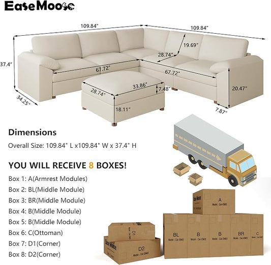 EASE MOOSE Oversized Modular Sectional Couch with Ottoman, Faux Leather Sectional Sofa with Deep Seat, Scratch Resistant Faux Leather Material, Extra Large L Shaped Couch,Beige
