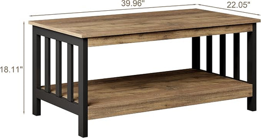 ChooChoo Farmhouse Coffee Table, Living Room Table with Shelf, 40 Rustic Oak & Black