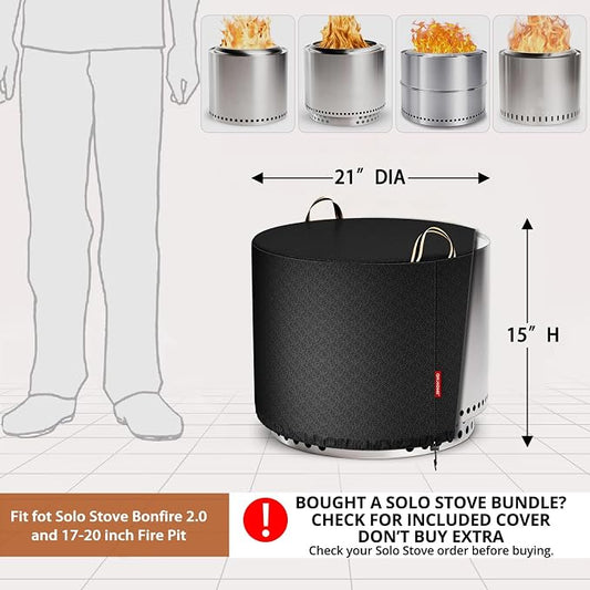 QH.HOME Fire Pit Cover Round for Solo Stove Bonfire 19", Waterproof Smokeless Fire Pit Cover, 600D Strong Tear Resistant, Fits for Gas/Table/Bowl Fire pits - 21" D X 15" H