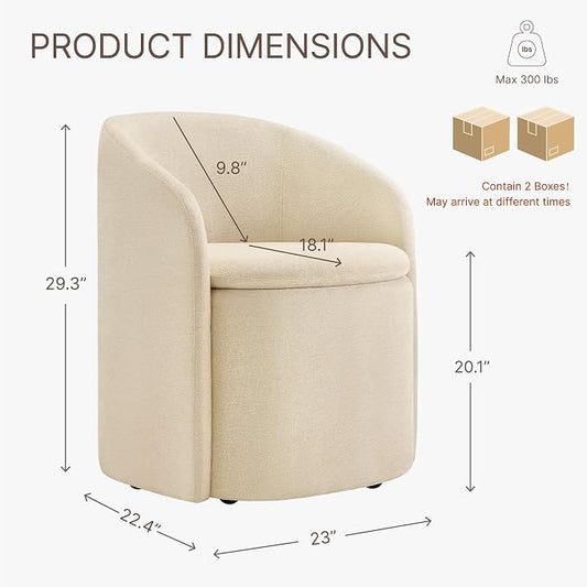 KISLOT Upholstered Dining Chairs with Casters, No Assembly Rolling Modern Dining Room Chairs with Hidden Storage & Barrel Backrest, Accent Chair for Bedroom, Living Room, Dressing, Sand, Set of 2