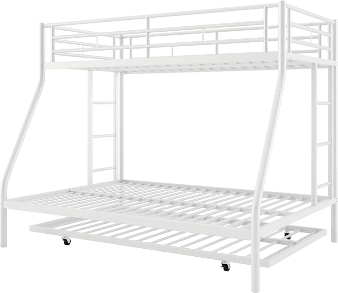 Nuturelly Metal Bunk Bed Twin Over Full with Trundle, Heavy Duty Steel Frame Bunk Bed Frame with Safety Guardrails & Ladder, Space Saving 3 Beds for Kids, Teens, Dorm, White