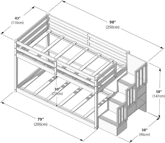 Grain & Grove Bear Twin Over Twin Bunk Bed with Staircase, Low Bunk Bed Frame for Kids, Bunk with Ladder, Guardrail, and Slats, No Box Spring Required, Oak Embossed Pecan