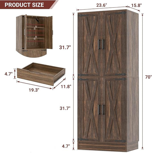Unikito 71" Farmhouse Kitchen Pantry Storage Cabinet with Barn Doors, Adjustable Shelves & Drawer Organizer, Versatile Tall Storage Cupboard for Dining Room, Bathroom, Utility Room, Weathered Brown