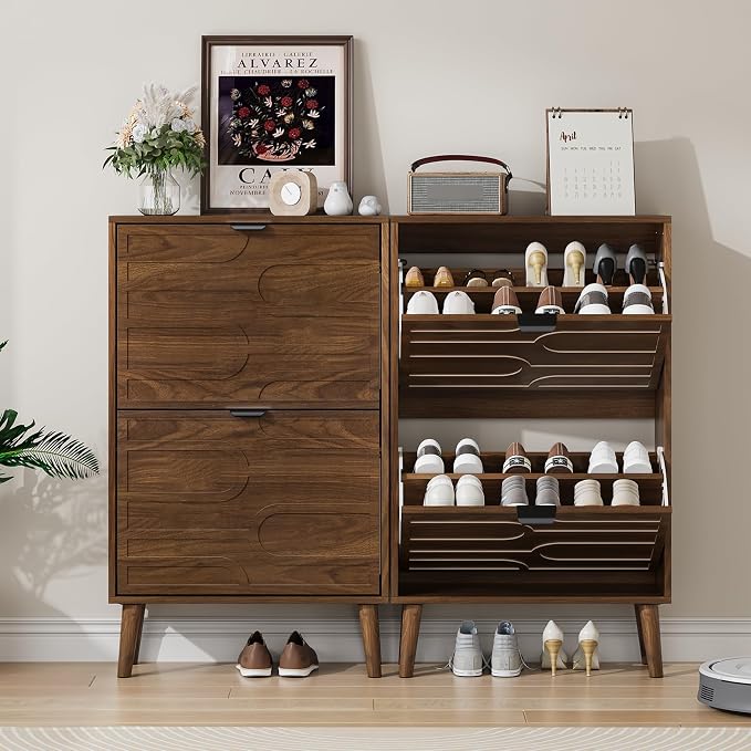 Shoe Cabinet Storage for Entryway with 2 Flip Drawers, Narrow Shoe Cabinet for Entryway, Hidden Slim Shoe Organizer Rack Cabinet (Brown, 23.6" W)