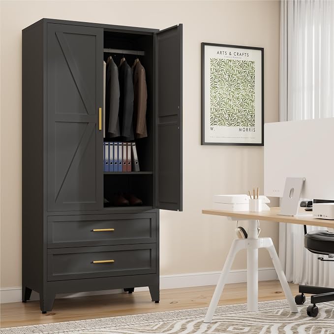 LCAOPC 71" Tall Metal Wardrobe Cabinet with 2 Drawers and Hanging Rod, 2 Doors Armoire Wardrobe Closet with Shelf for Bedroom, Office, Laundry Room, Black