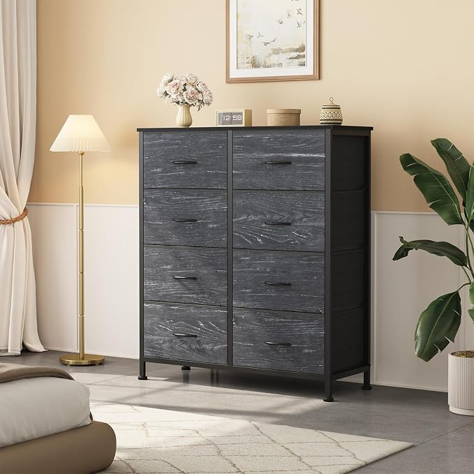 Sweetcrispy 8 Drawer Fabric Dresser for Bedroom, Tall Dresser, Black Wood | Chest of Drawers with Sturdy Steel Frame and Wooden Top, Storage Organizer with Easy Pull Handles