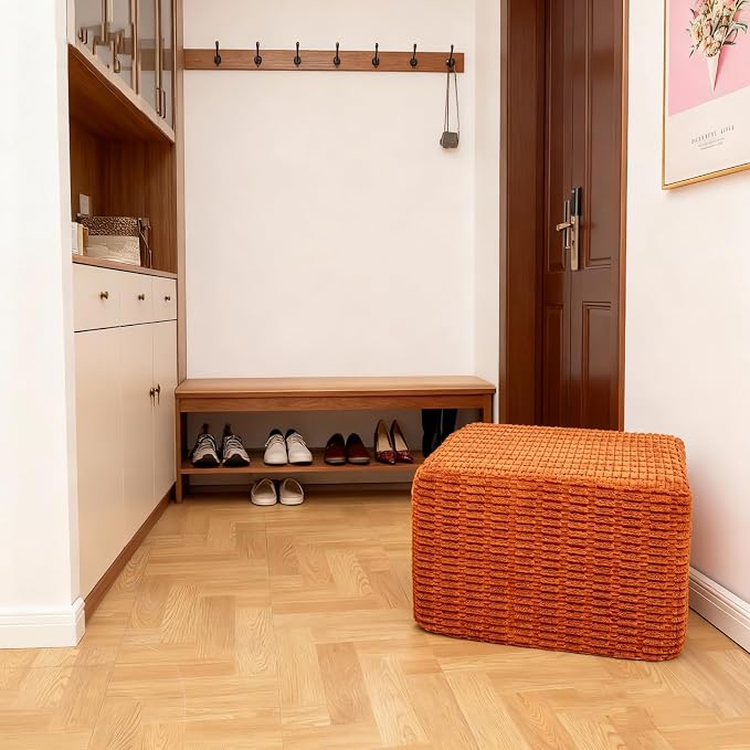 Asuprui Round Square Pouf Ottoman Foot Rest – Lightweight Modern Footstool with Plush Foam Filling, Perfect for Living Room Decor & Cozy Comfort – 20x20x14 Inch Chic Accent Piece (Burnt Orange)