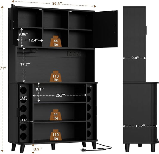 Lulive 71" Tall Pantry Cabinet with Rolling & Sliding Doors, 39" Wide Kitchen Storage Cabinet with Charging Station and Open Countertop, Modern Kitchen Pantry Cabinet for Dining Room, Black